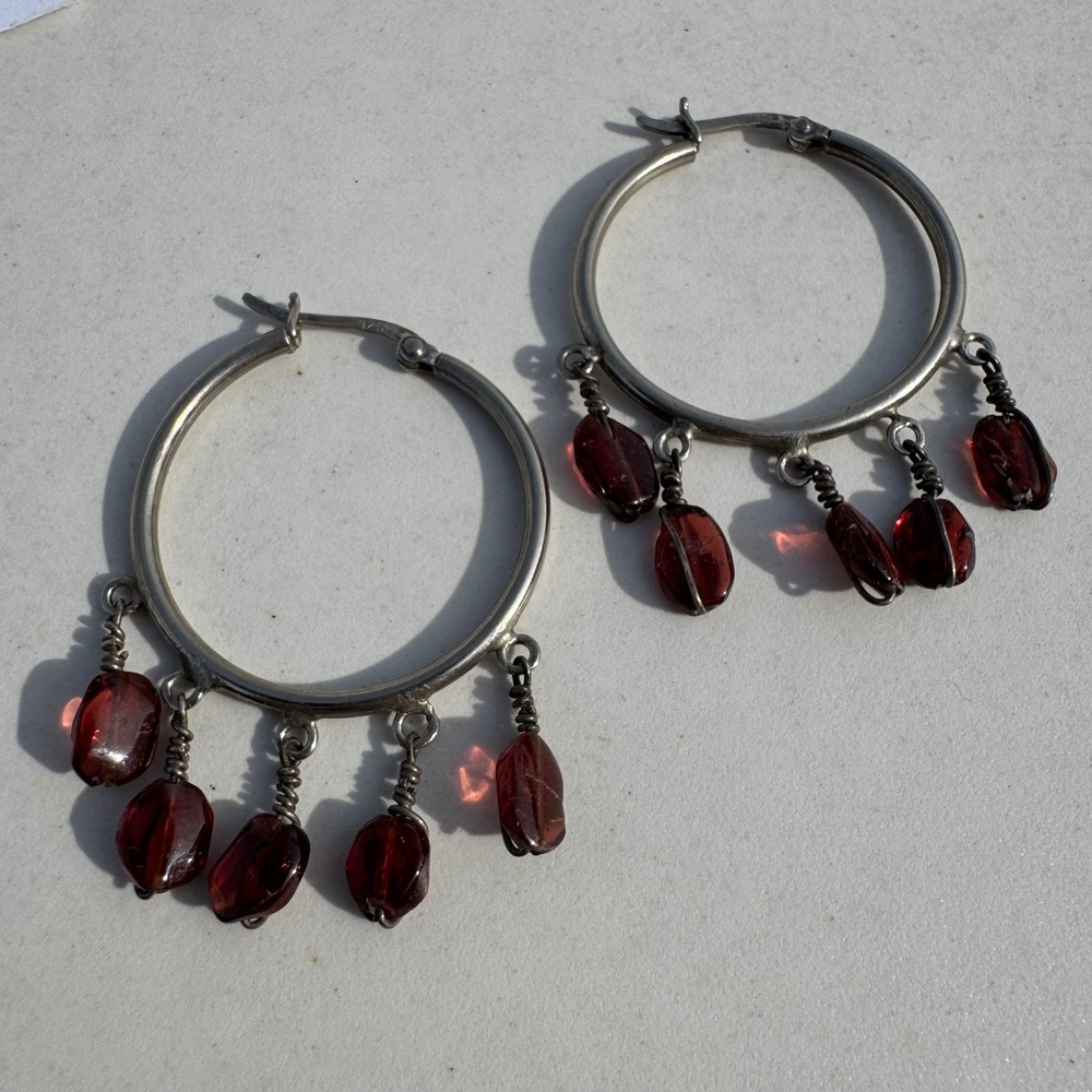 Silver Hoop Earrings with Red Gemstone Dangles Boho Statement Jewelry